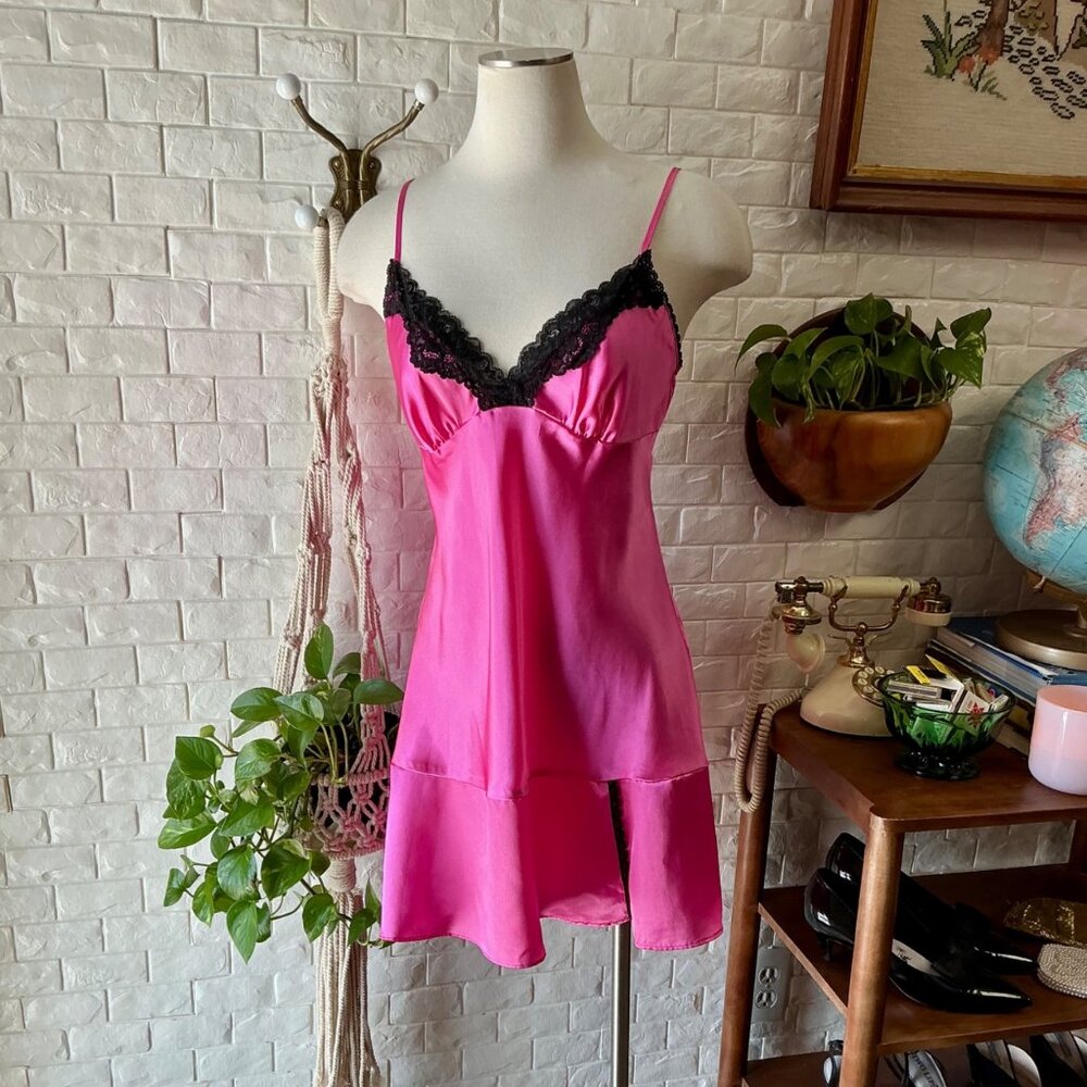Vintage Linea Donatella Hot Pink Black Lace Satin Mini Slip Dress
